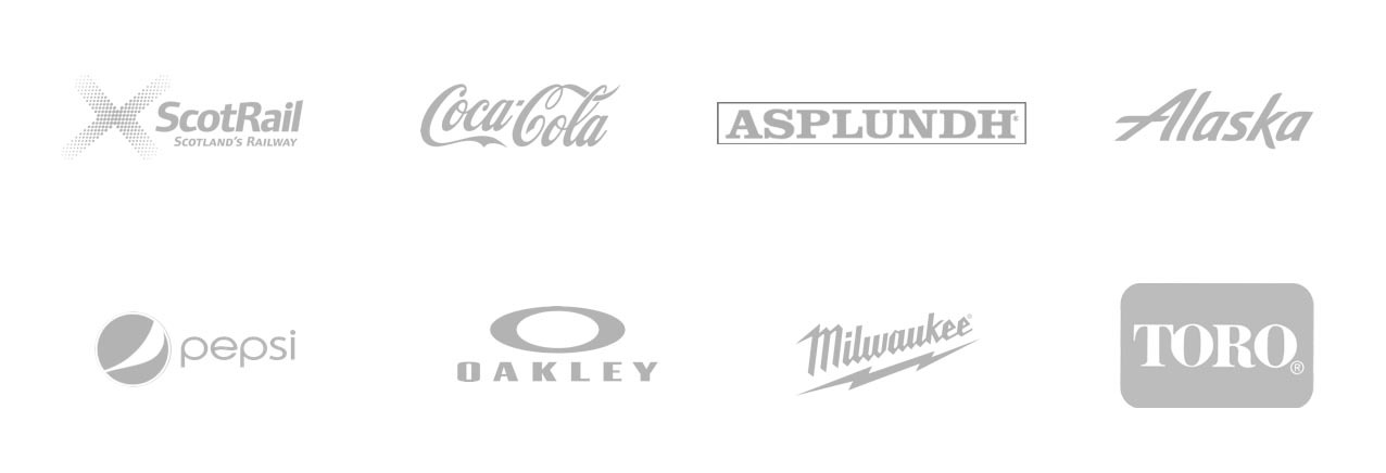 Logos of companies who use FastField in their business. Coca-Cola, Asplundh, Alaska Air, Pepsi, Oakley, Milwakee, Toro.
