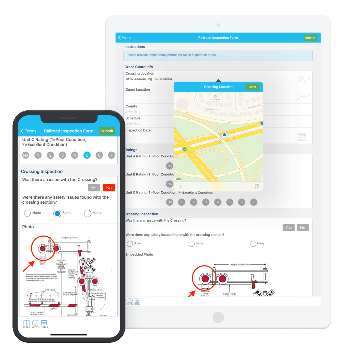 A mobile phone and tablet displaying the FastField mobile forms app