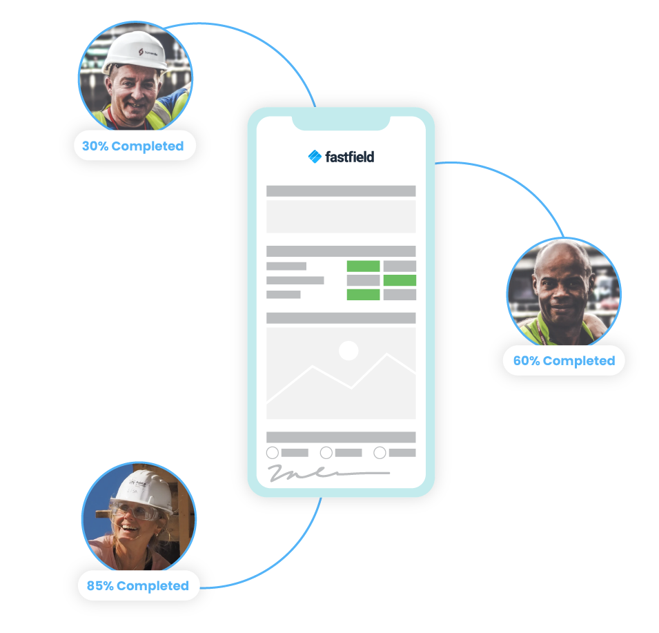 a mobile device showing three portraits of construction workers and what percentage completion their job is at