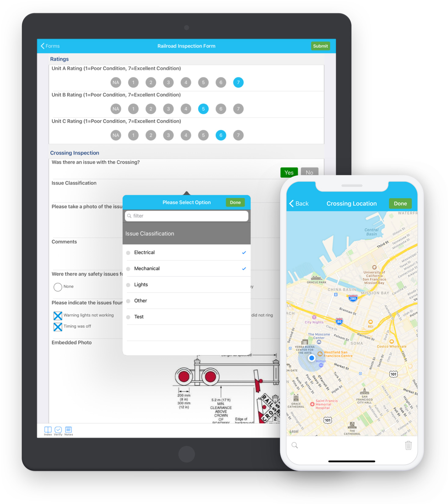 FastField Offline Mobile Forms App displayed on a mobile phone and a tablet device.