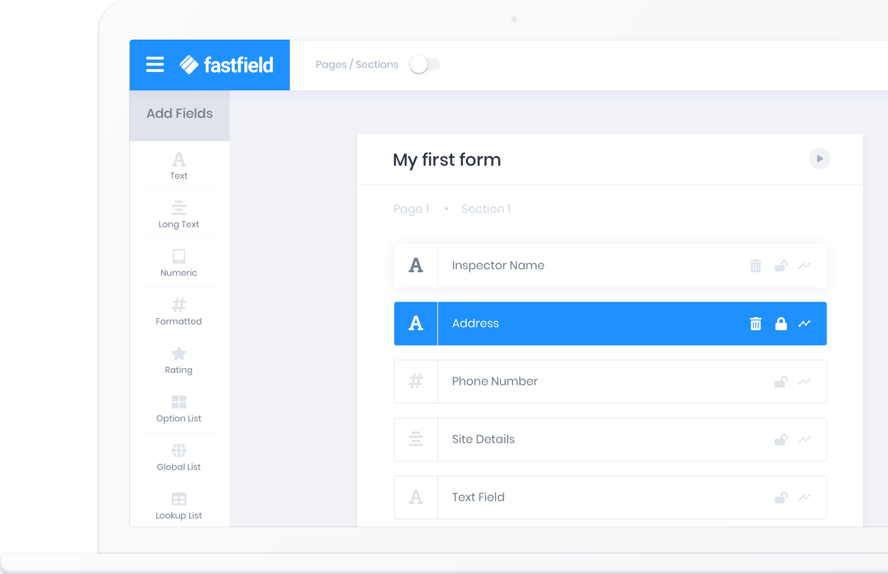 A web browser showing FastField Forms Builder