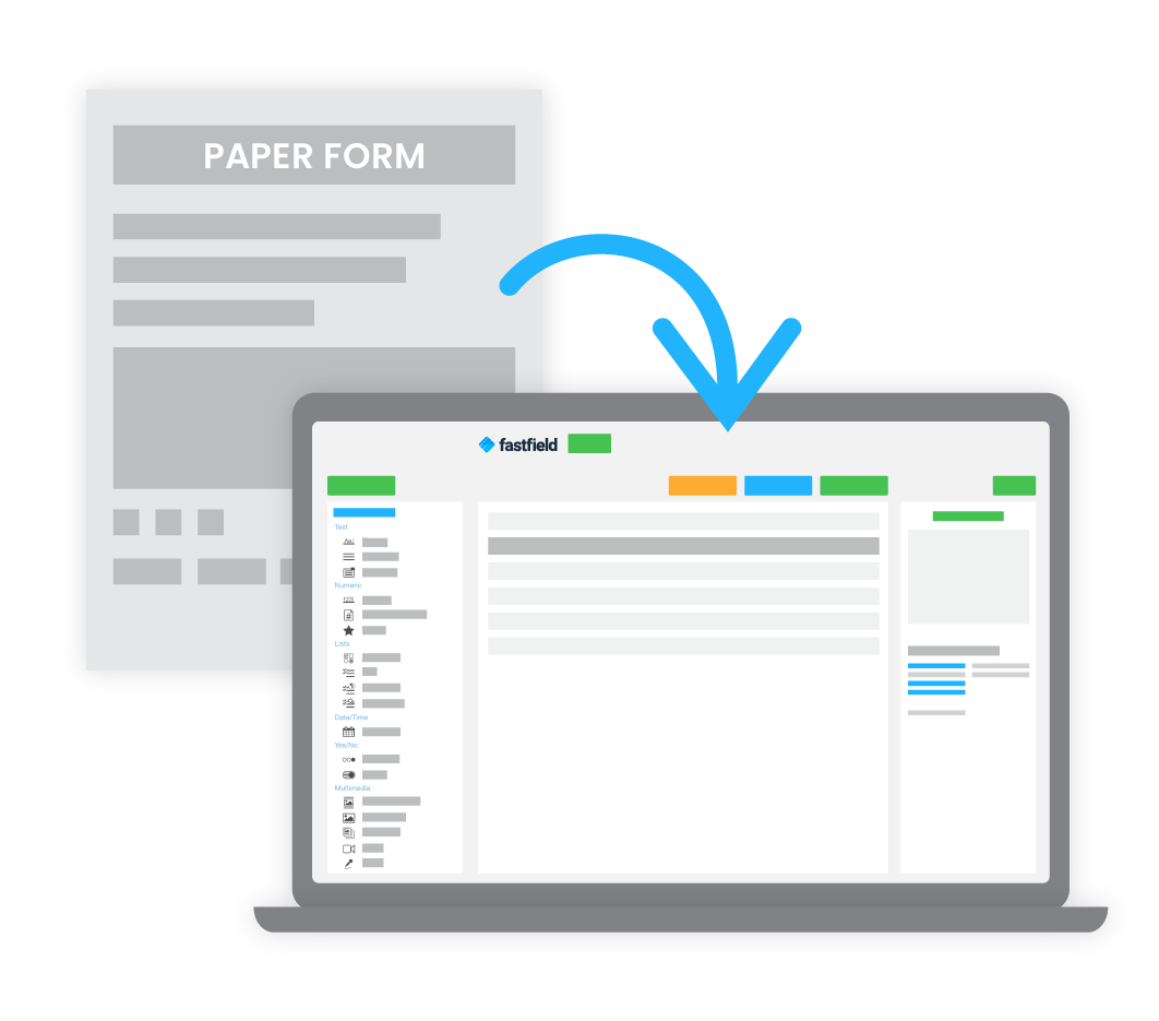 A paper form turning into a digital form with the FastField Form Builder on a laptop computer